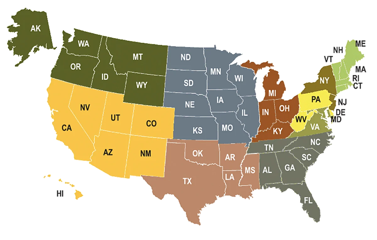 Map of the ten ATAA regions across the United States